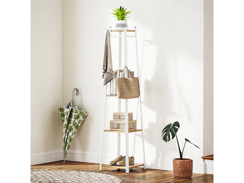 Porte-manteau avec 8 crochets, 4 niveaux, acier peint, blanc, stable et polyvalent (34x34x170cm)