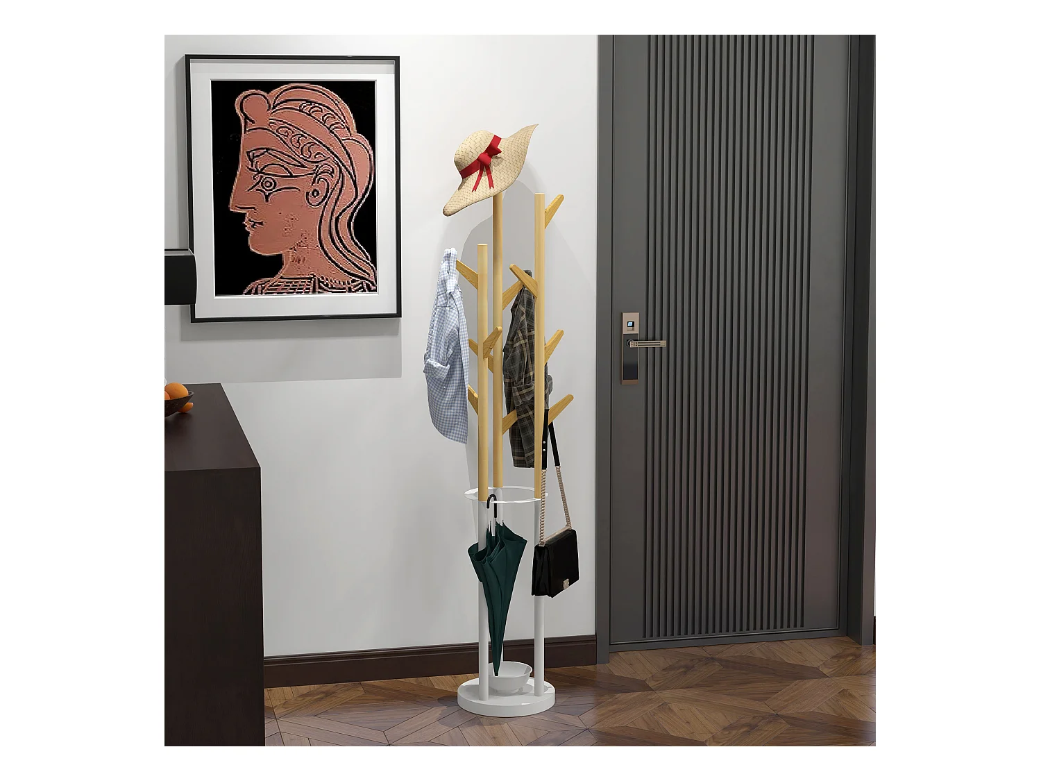 Perchero con paragüero, bambú y metal, diseño escandinavo, natural y blanco (30,5x30,5x174,5 cm)