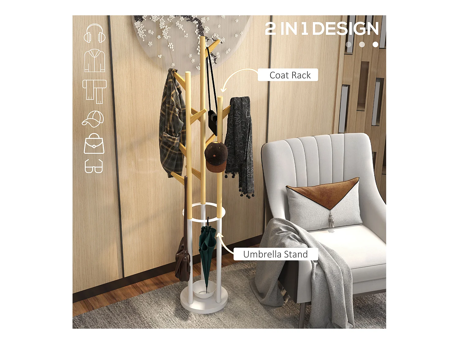 Porte-manteau avec support pour parapluie, en bambou et métal, design scandinave, naturel et blanc (30.5x30.5x174.5 cm)