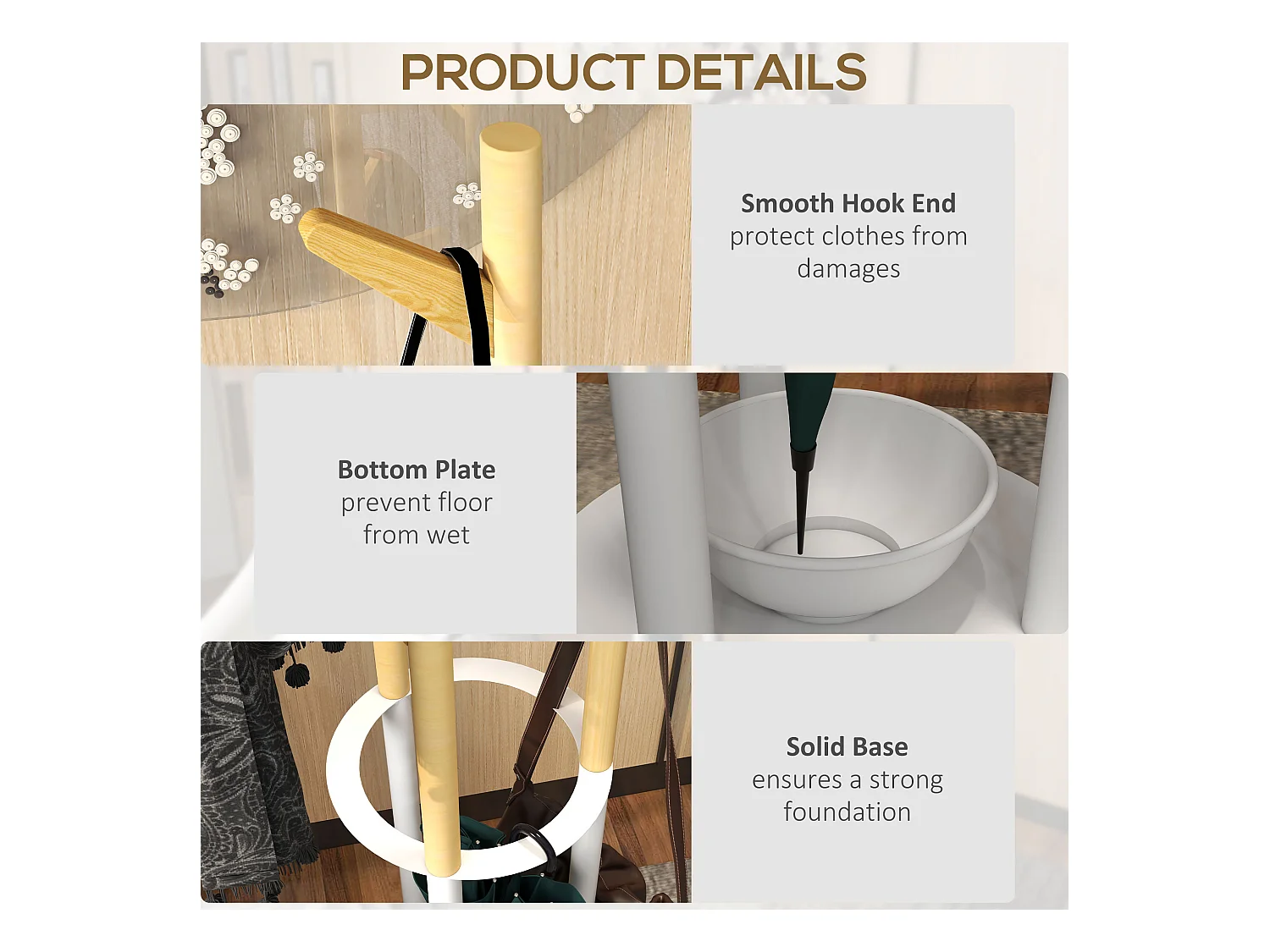 Porte-manteau avec support pour parapluie, en bambou et métal, design scandinave, naturel et blanc (30.5x30.5x174.5 cm)