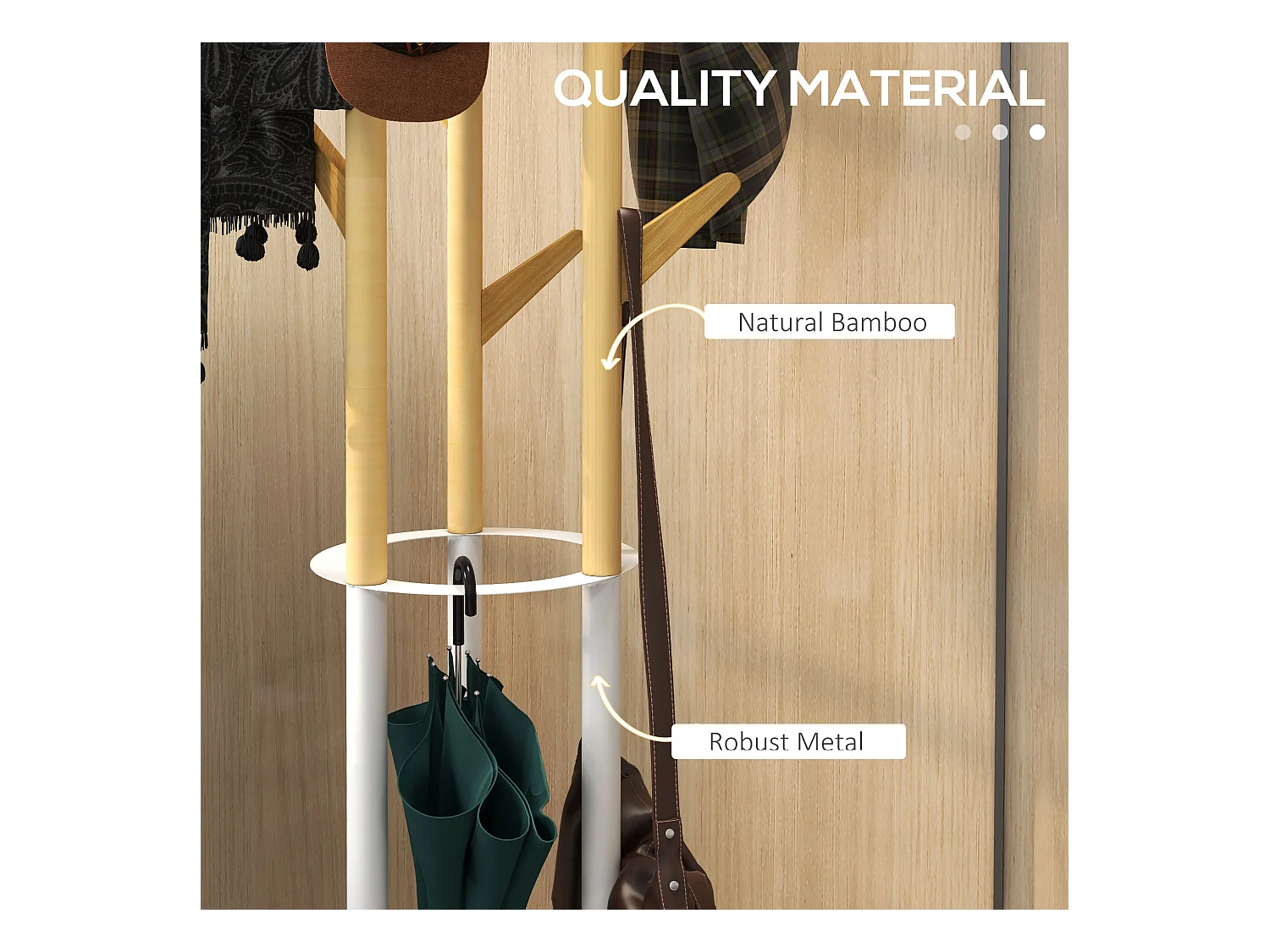 Porte-manteau avec support pour parapluie, en bambou et métal, design scandinave, naturel et blanc (30.5x30.5x174.5 cm)
