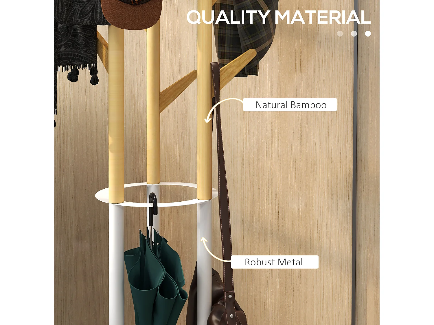 Kapstok met paraplubak, bamboe en metaal, Scandinavisch design, naturel en wit (30,5x30,5x174,5 cm)