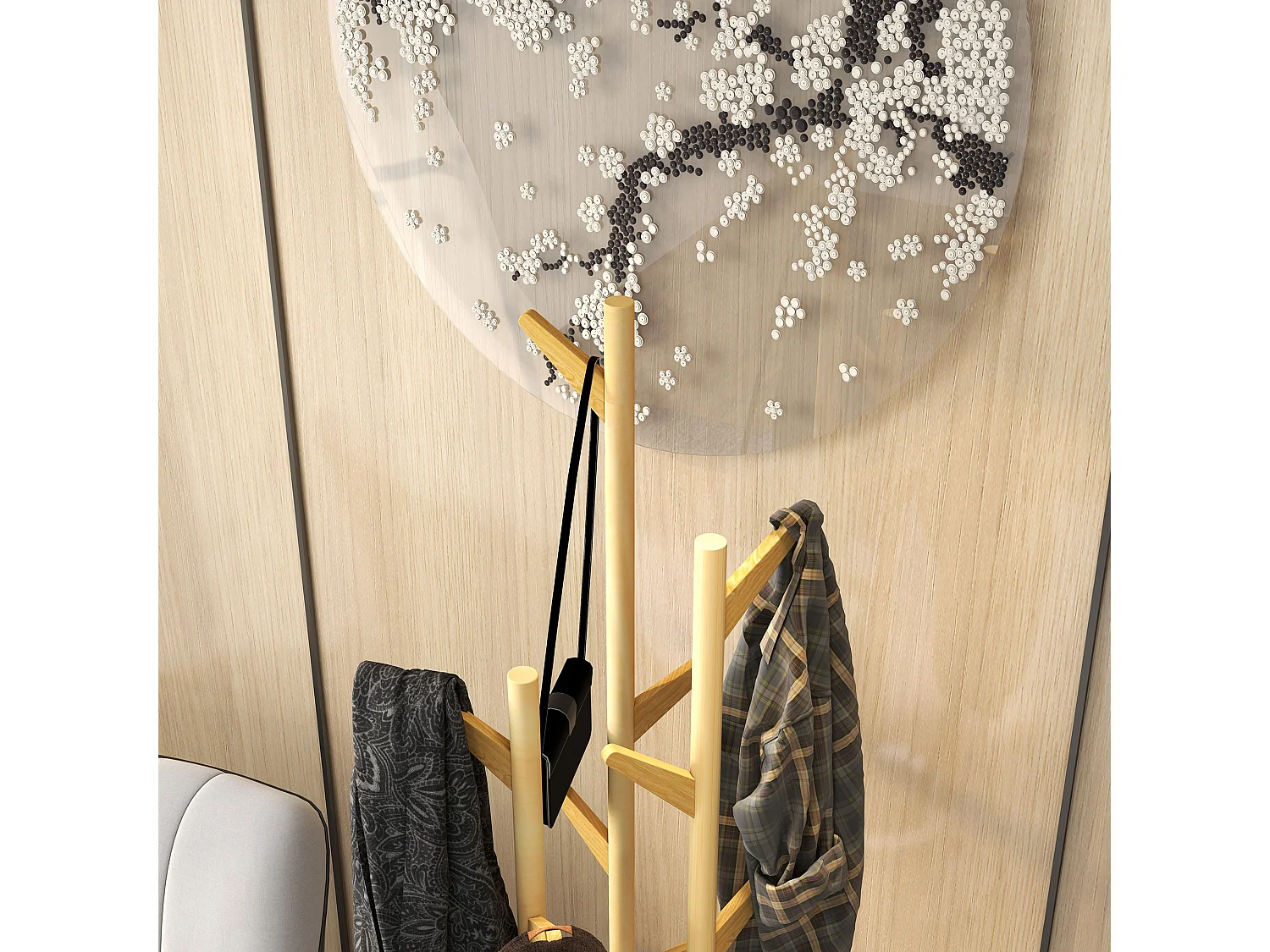 Kapstok met paraplubak, bamboe en metaal, Scandinavisch design, naturel en wit (30,5x30,5x174,5 cm)