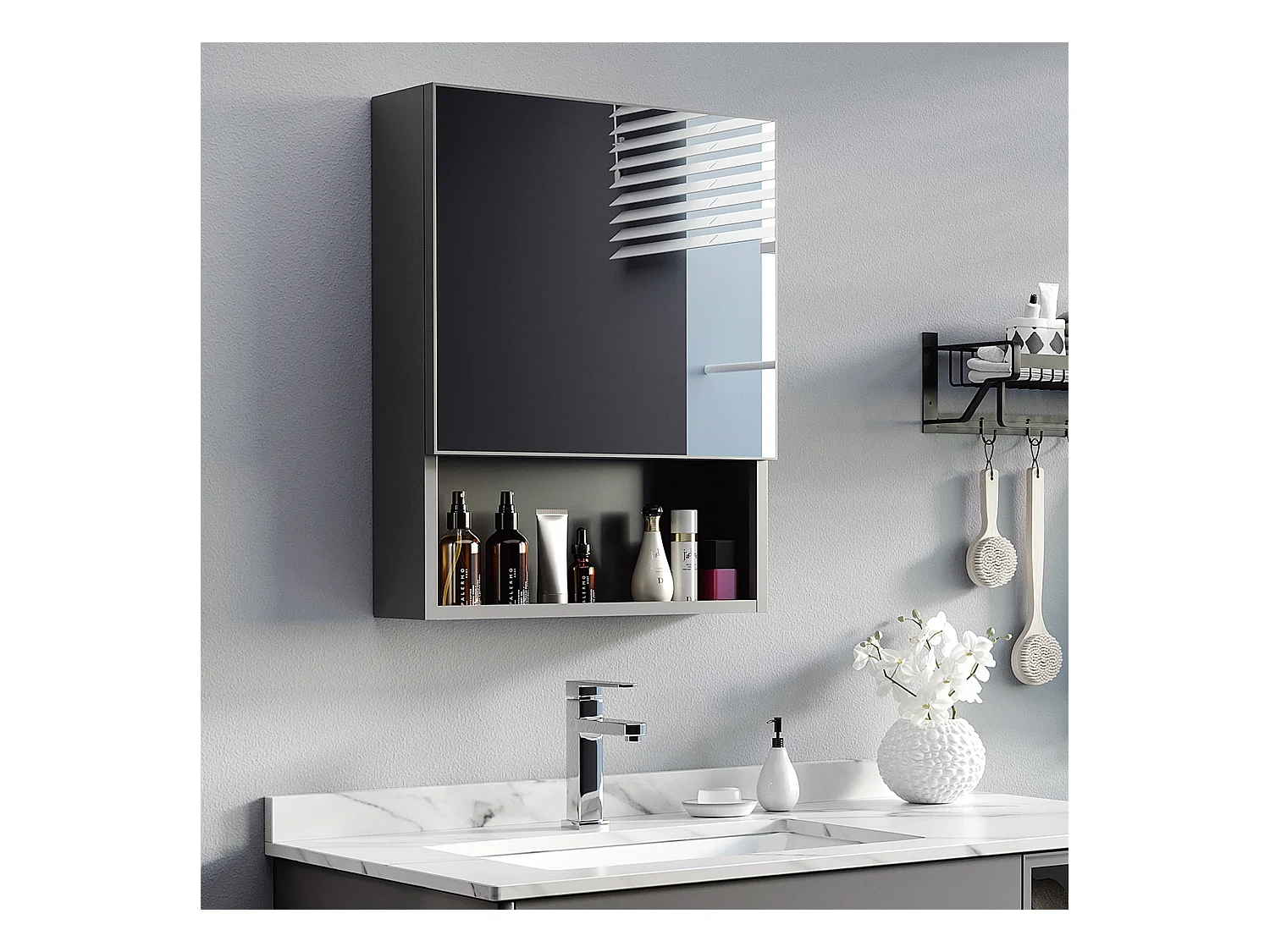 Armoire miroir de salle de bain avec étagères, acier inoxydable, noir (46x13.5x58 cm)