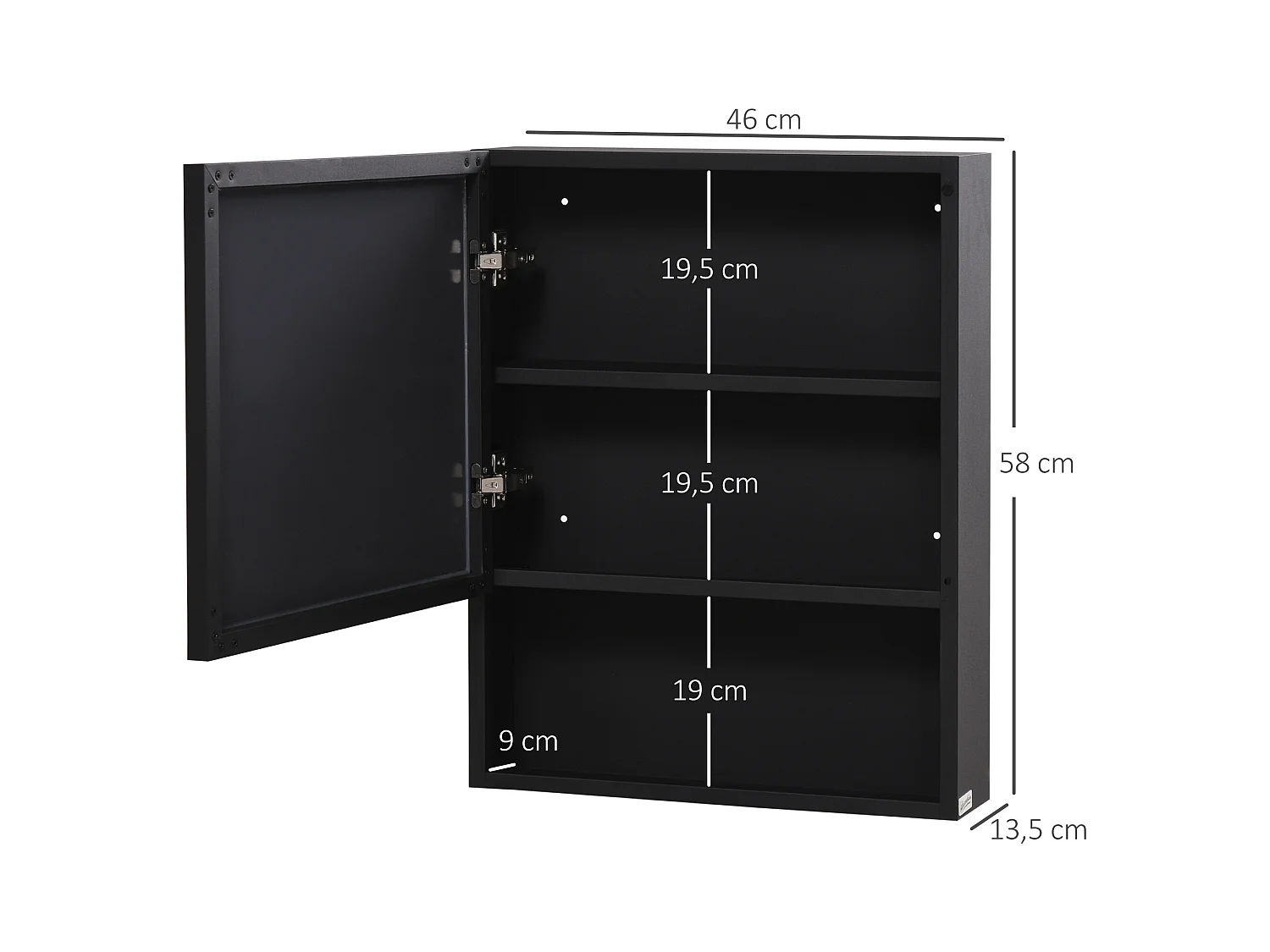 Armoire miroir de salle de bain avec étagères, acier inoxydable, noir (46x13.5x58 cm)