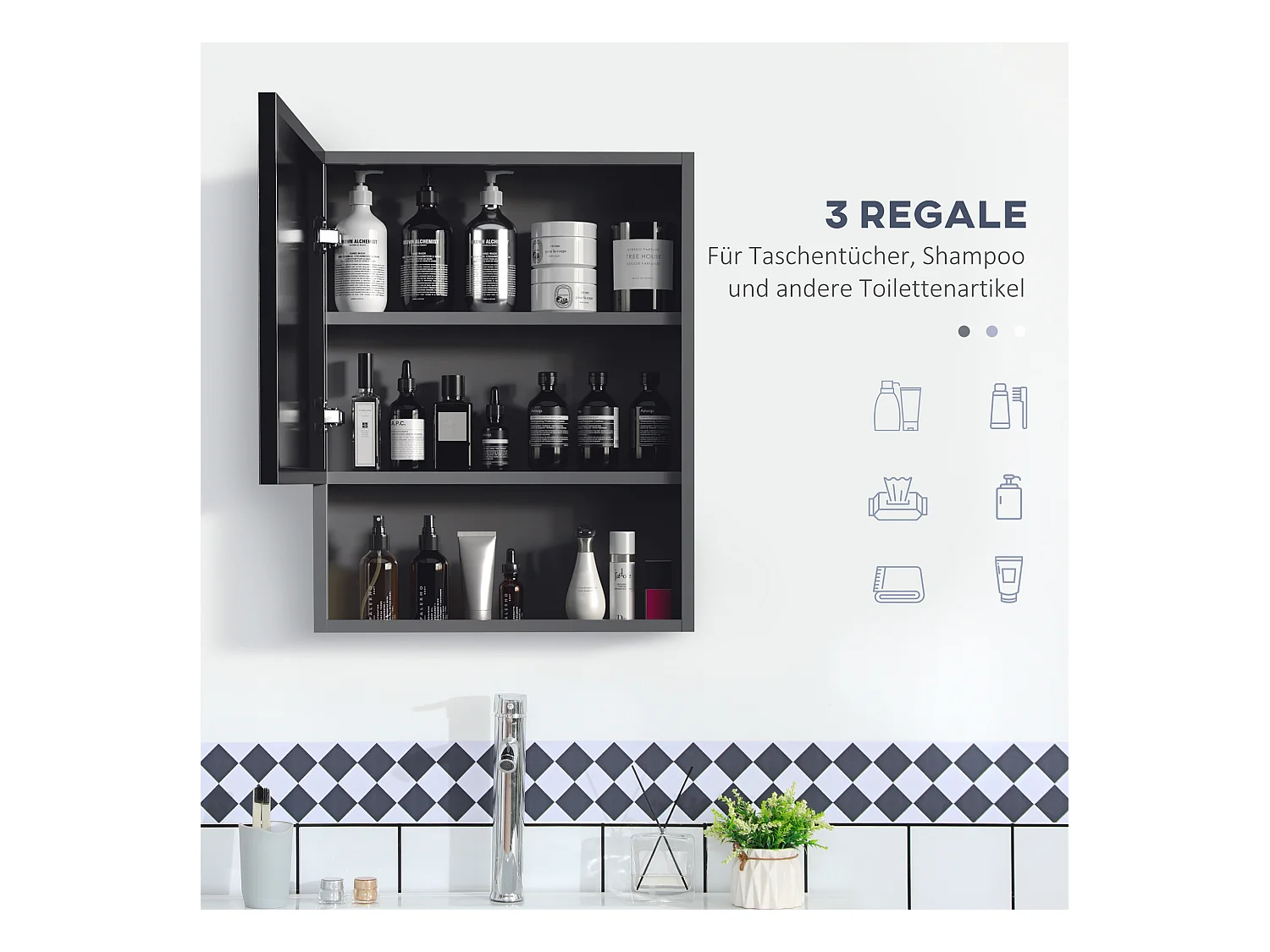 Armoire miroir de salle de bain avec étagères, acier inoxydable, noir (46x13.5x58 cm)