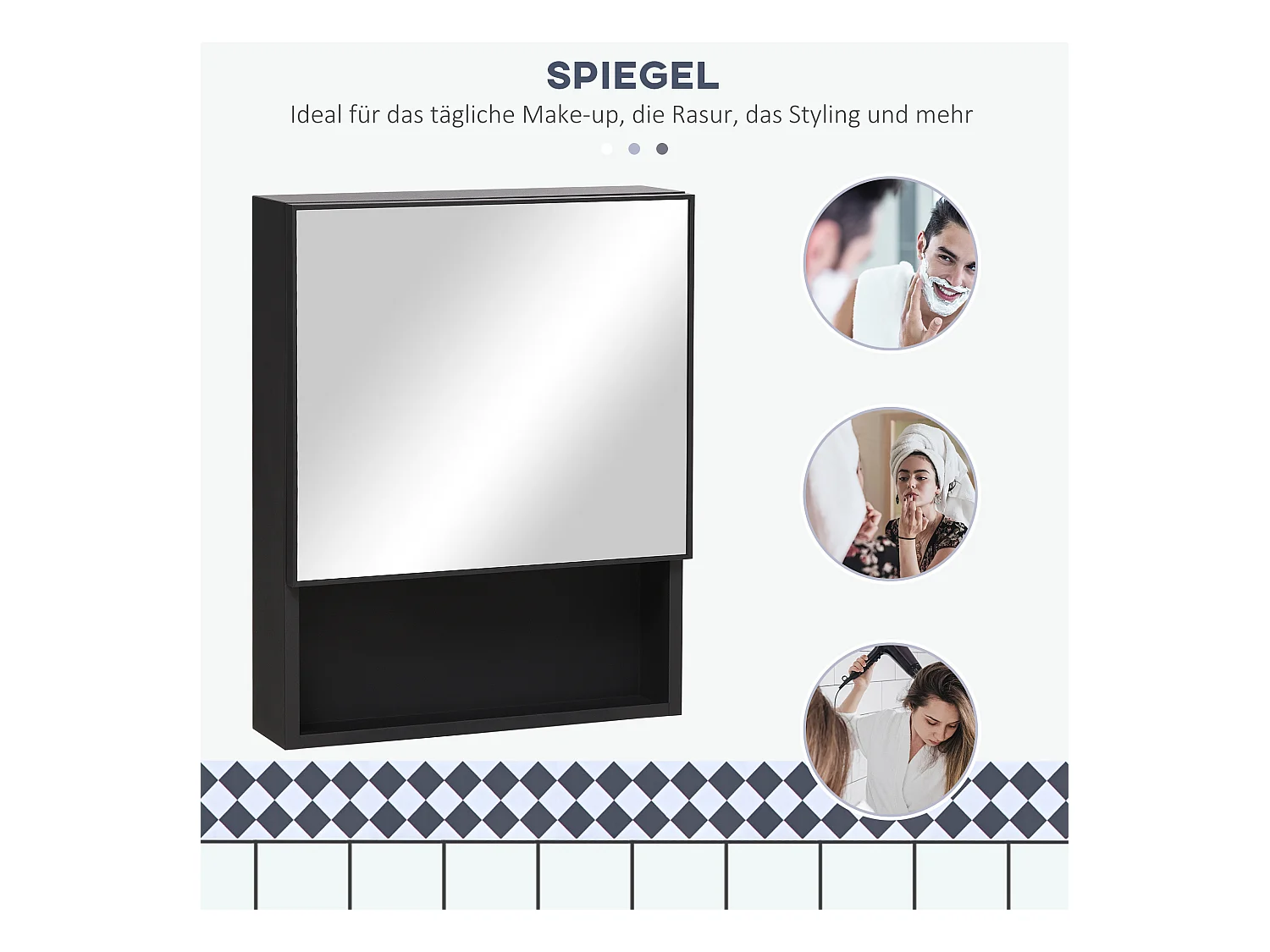 Armoire miroir de salle de bain avec étagères, acier inoxydable, noir (46x13.5x58 cm)