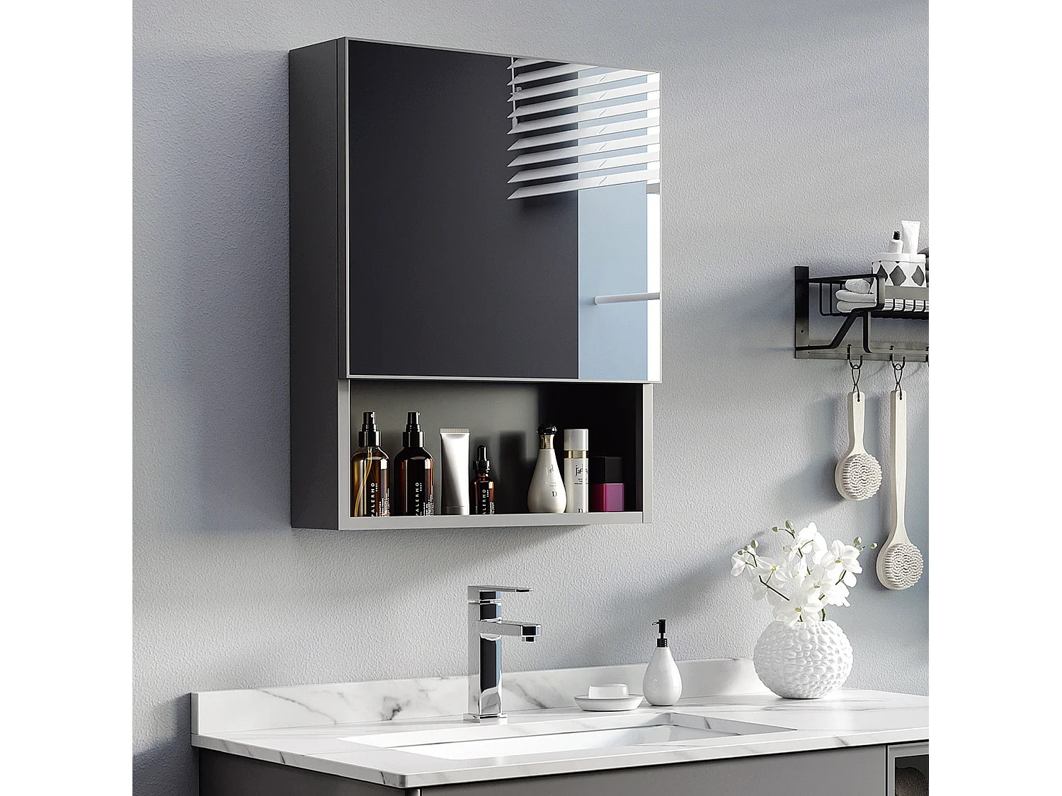Armoire miroir de salle de bain avec étagères, acier inoxydable, noir (46x13.5x58 cm)