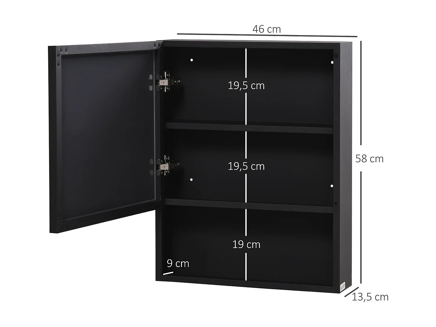 Armoire miroir de salle de bain avec étagères, acier inoxydable, noir (46x13.5x58 cm)