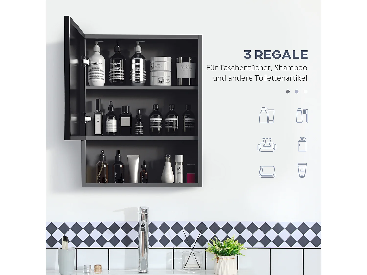 Armoire miroir de salle de bain avec étagères, acier inoxydable, noir (46x13.5x58 cm)