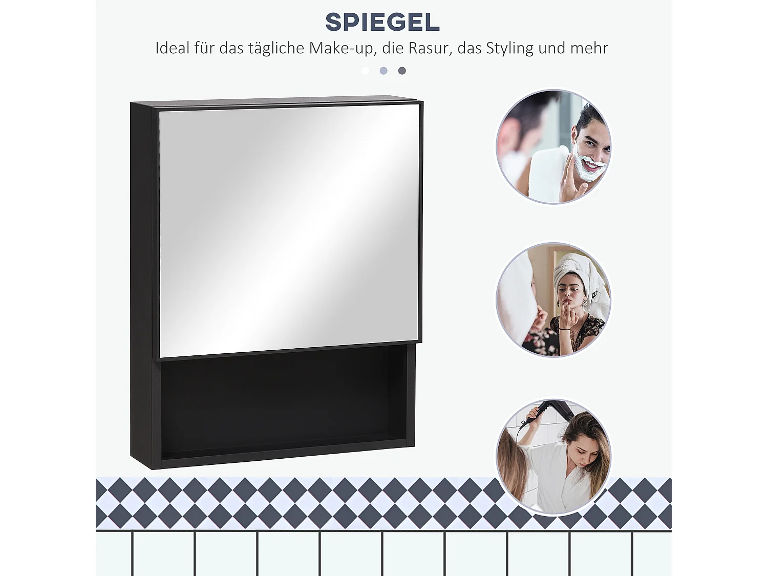 Armoire miroir de salle de bain avec étagères, acier inoxydable, noir (46x13.5x58 cm)