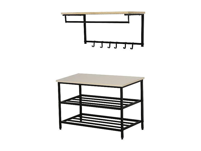 2-in-1 garderobeset met bank en wandkapstok, 6 haken, natuurlijk melamine hout en zwart metaal (75x30x45cm)