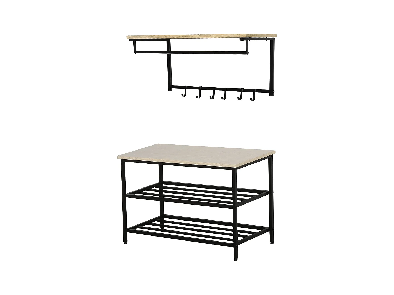 2-in-1 garderobeset met bank en wandkapstok, 6 haken, natuurlijk melamine hout en zwart metaal (75x30x45cm)