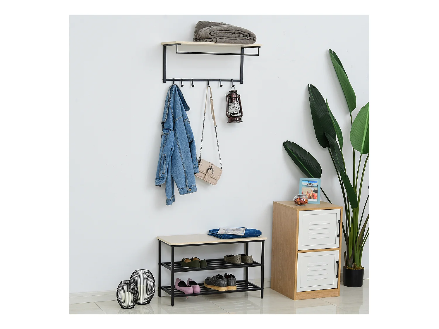 2-in-1 garderobeset met bank en wandkapstok, 6 haken, natuurlijk melamine hout en zwart metaal (75x30x45cm)
