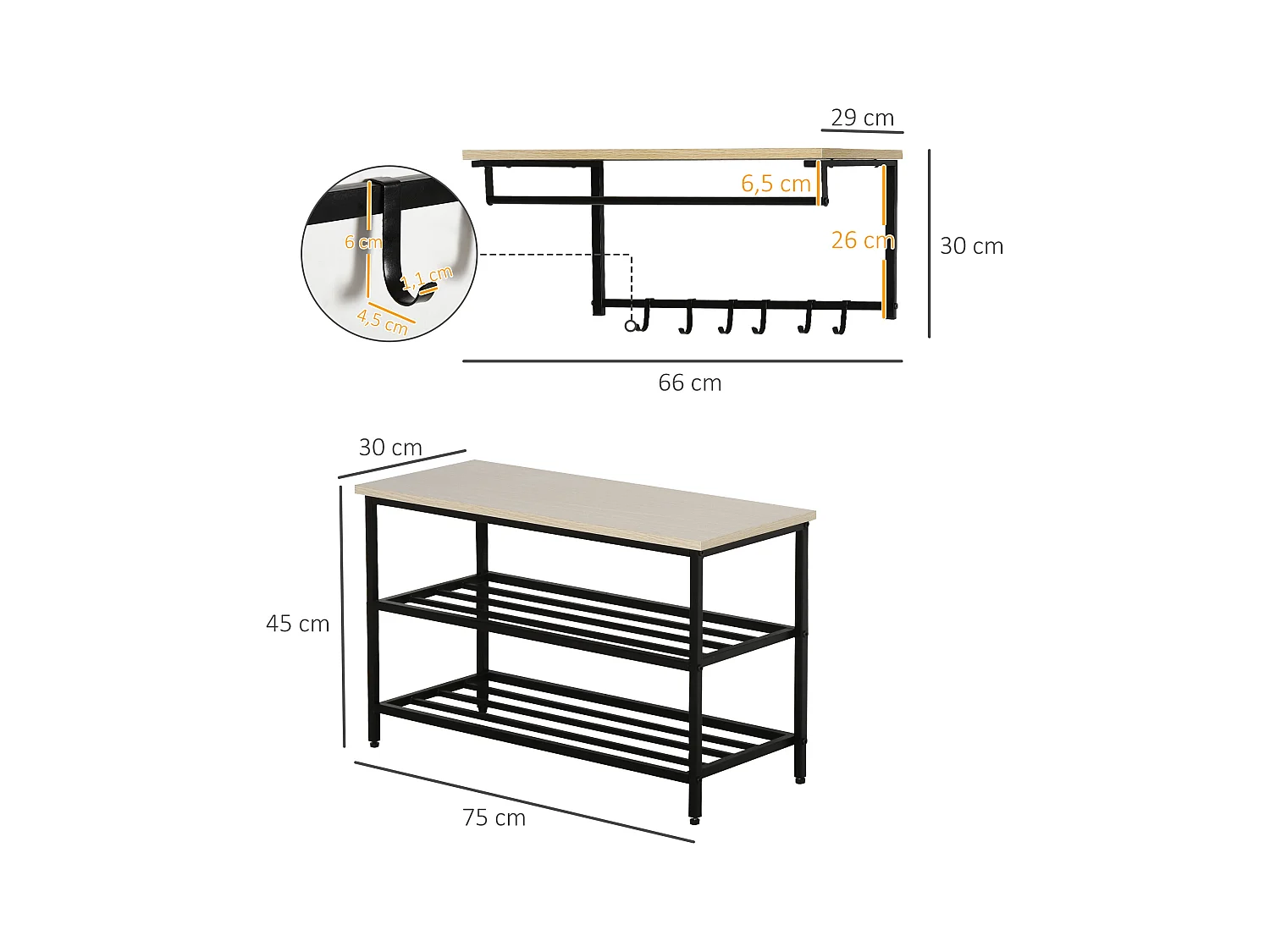 2-in-1 garderobeset met bank en wandkapstok, 6 haken, natuurlijk melamine hout en zwart metaal (75x30x45cm)