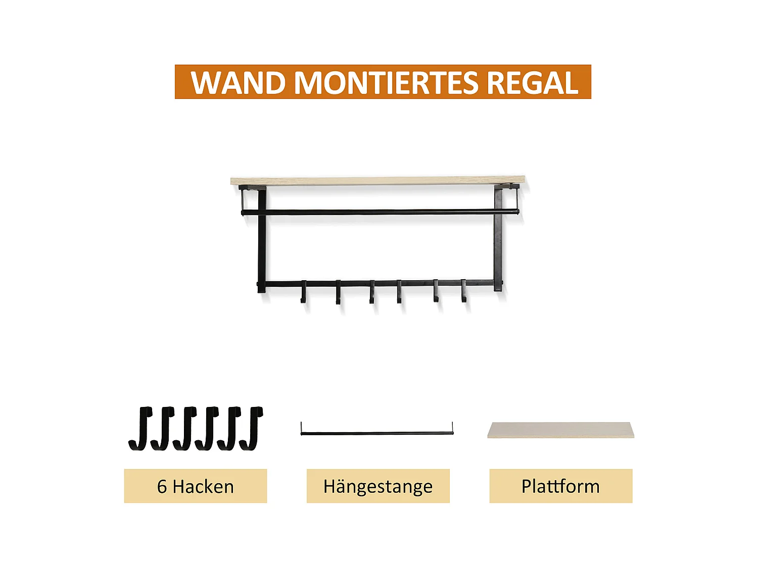 2-in-1 garderobeset met bank en wandkapstok, 6 haken, natuurlijk melamine hout en zwart metaal (75x30x45cm)