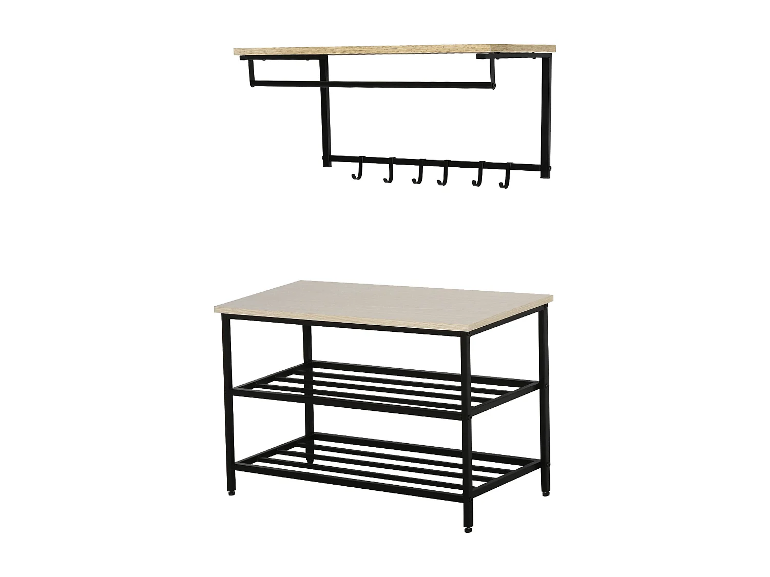 Ensemble vestiaire 2-en-1 avec banc et porte-manteaux mural, 6 crochets, bois mélaminé naturel et métal noir (75x30x45cm)