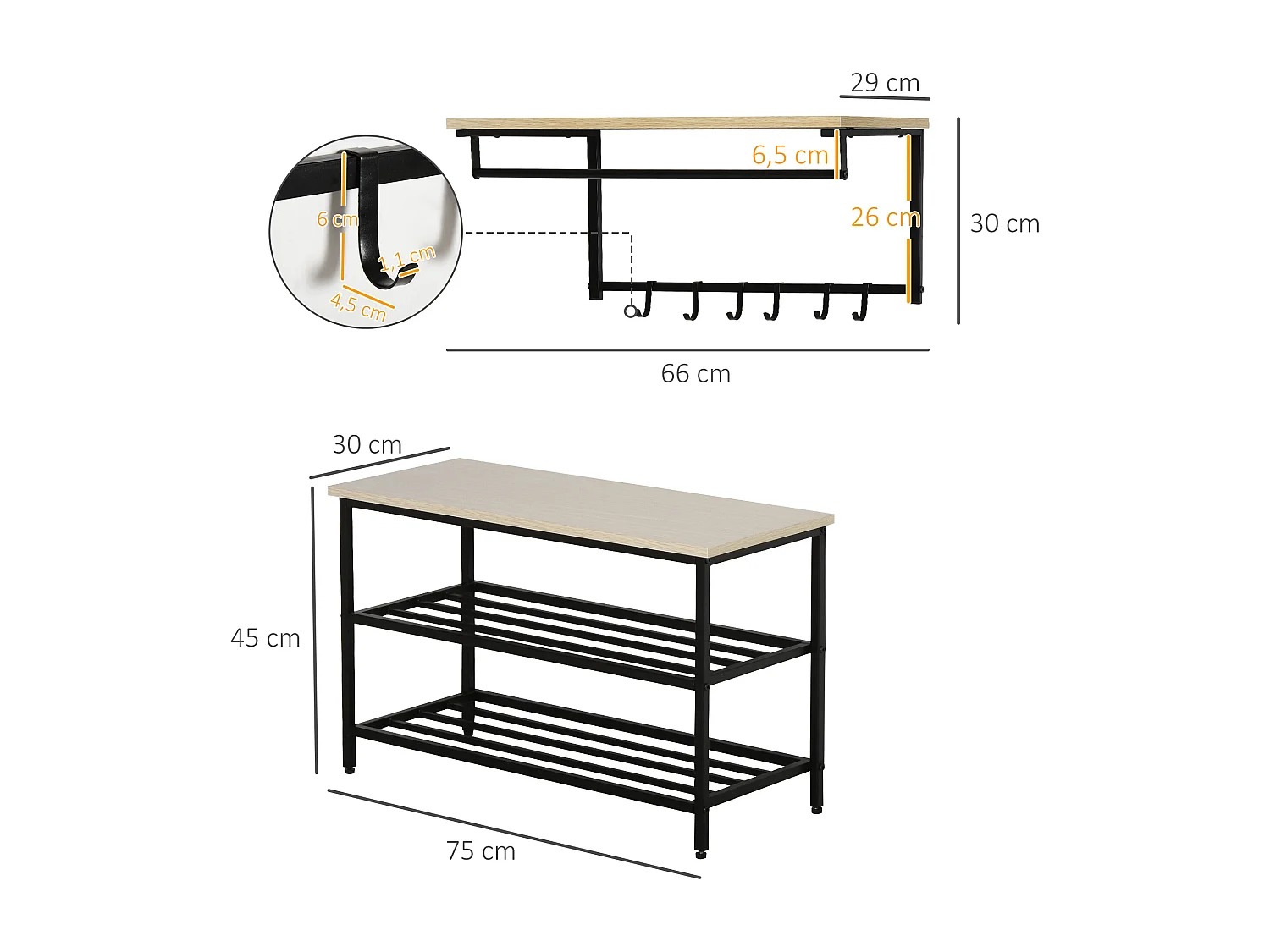 Ensemble vestiaire 2-en-1 avec banc et porte-manteaux mural, 6 crochets, bois mélaminé naturel et métal noir (75x30x45cm)