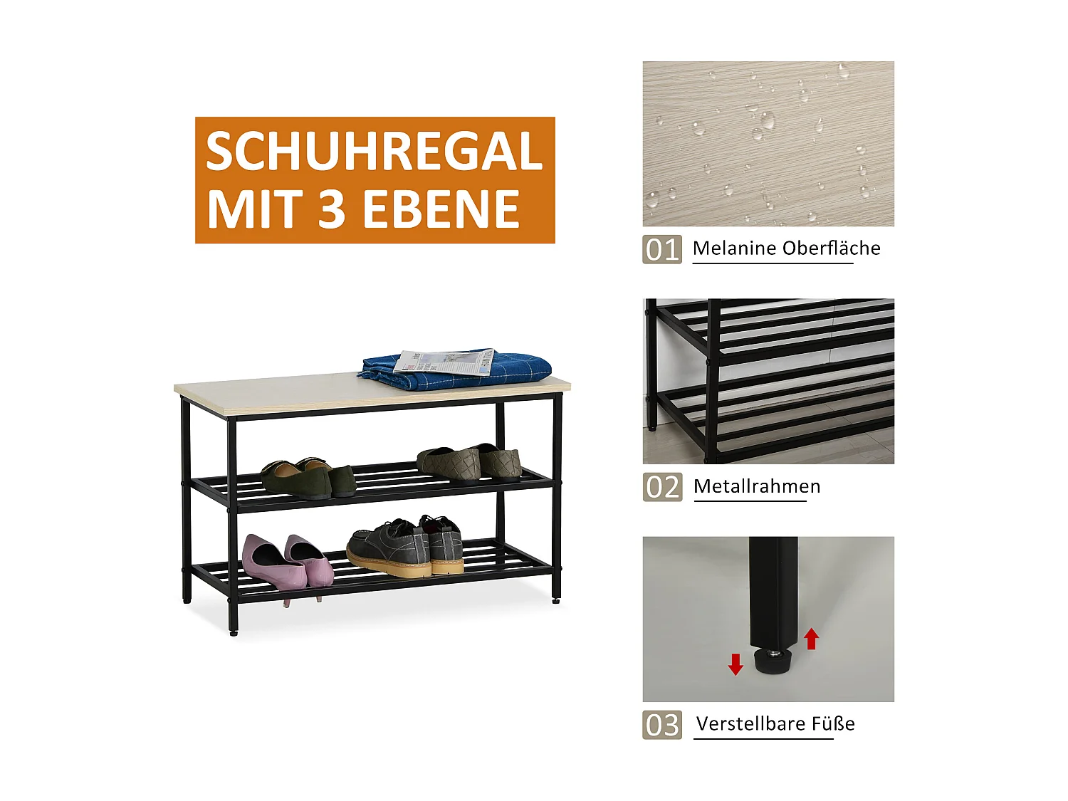 Ensemble vestiaire 2-en-1 avec banc et porte-manteaux mural, 6 crochets, bois mélaminé naturel et métal noir (75x30x45cm)