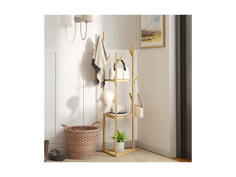 Porte-manteau avec 8 crochets, 3 niveaux, bambou naturel, design arbre, stable et fonctionnel (45x45x170cm)