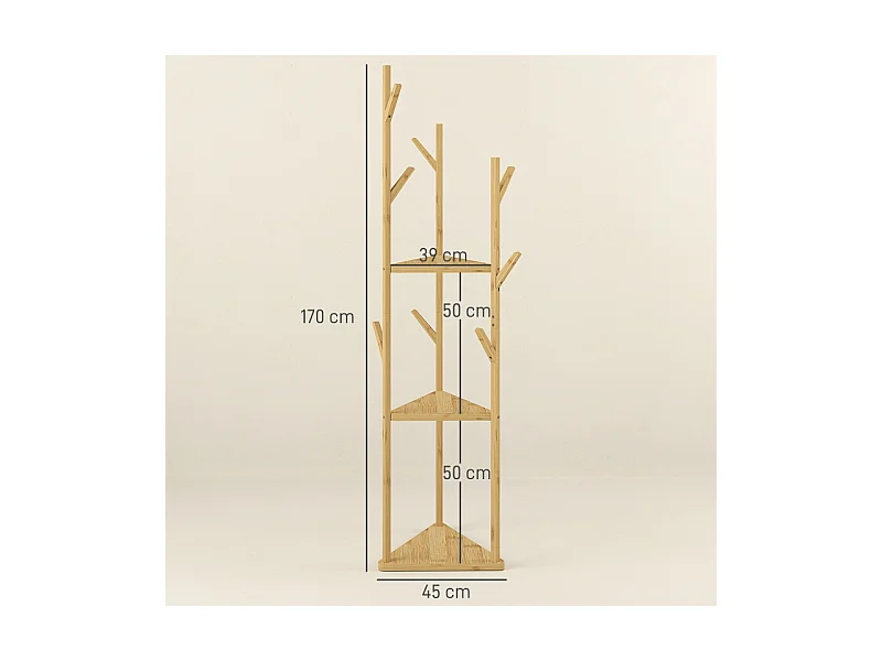 Porte-manteau avec 8 crochets, 3 niveaux, bambou naturel, design arbre, stable et fonctionnel (45x45x170cm)