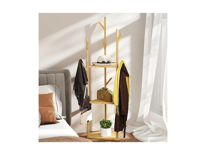 Porte-manteau avec 8 crochets, 3 niveaux, bambou naturel, design arbre, stable et fonctionnel (45x45x170cm)
