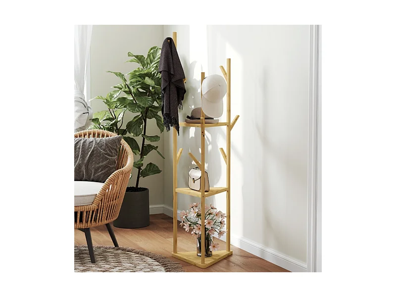 Porte-manteau avec 8 crochets, 3 niveaux, bambou naturel, design arbre, stable et fonctionnel (45x45x170cm)