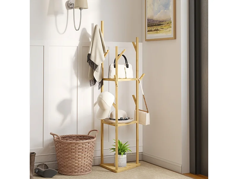 Porte-manteau avec 8 crochets, 3 niveaux, bambou naturel, design arbre, stable et fonctionnel (45x45x170cm)