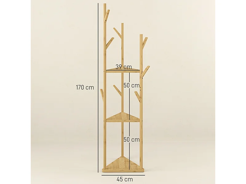 Porte-manteau avec 8 crochets, 3 niveaux, bambou naturel, design arbre, stable et fonctionnel (45x45x170cm)