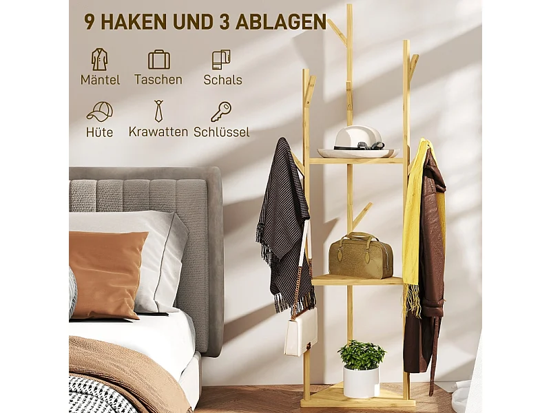 Porte-manteau avec 8 crochets, 3 niveaux, bambou naturel, design arbre, stable et fonctionnel (45x45x170cm)