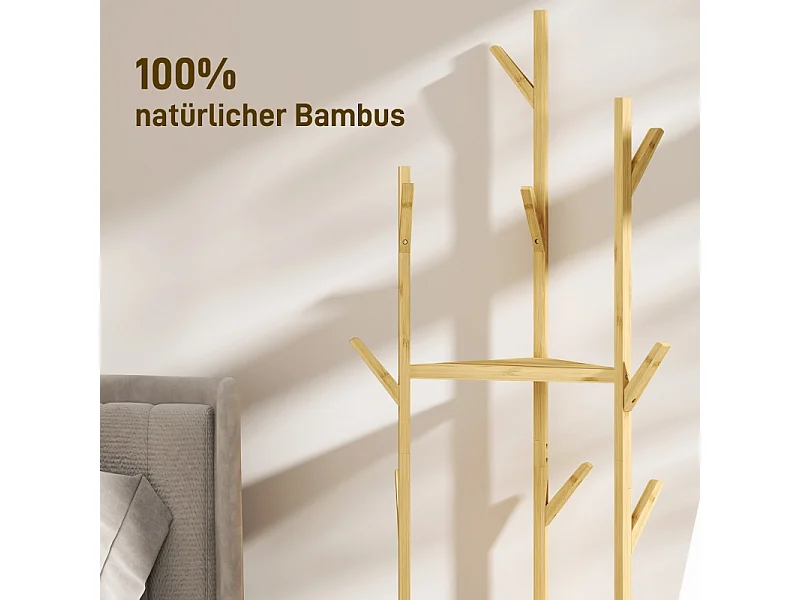 Porte-manteau avec 8 crochets, 3 niveaux, bambou naturel, design arbre, stable et fonctionnel (45x45x170cm)