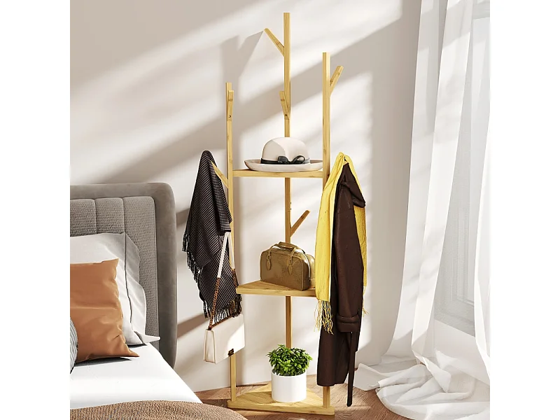 Porte-manteau avec 8 crochets, 3 niveaux, bambou naturel, design arbre, stable et fonctionnel (45x45x170cm)