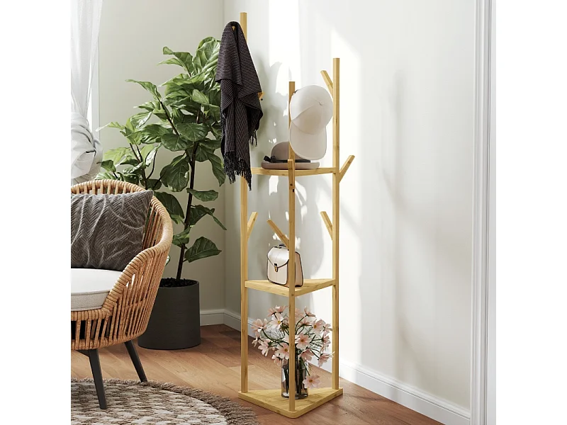 Porte-manteau avec 8 crochets, 3 niveaux, bambou naturel, design arbre, stable et fonctionnel (45x45x170cm)