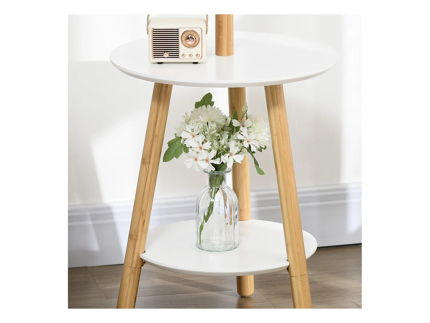 Perchero con mesa auxiliar, madera, blanco y natural (39,5x39,5x171 cm)