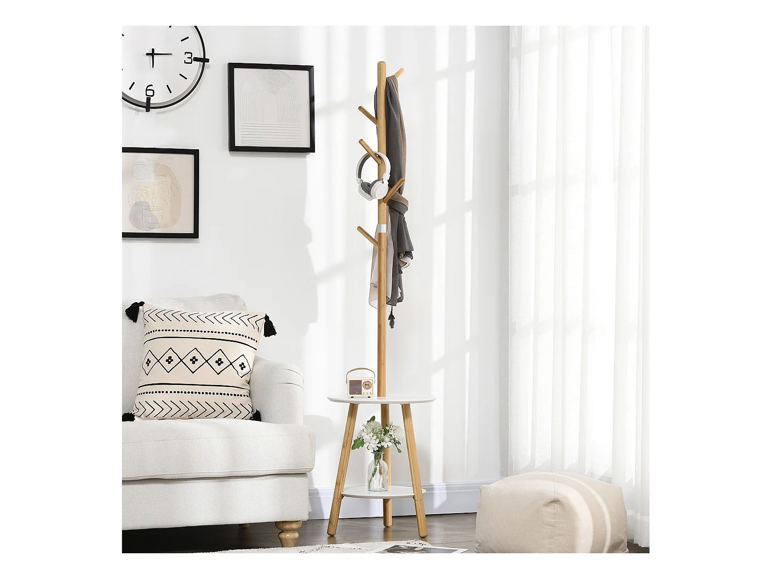 Porte-manteau avec table d'appoint, bois, blanc et naturel (39.5x39.5x171 cm)