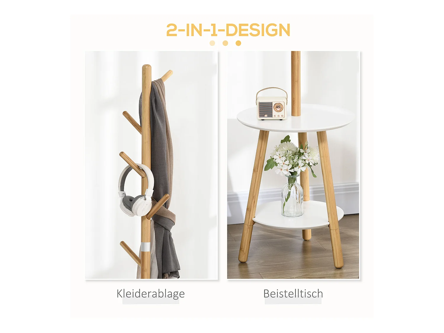 Porte-manteau avec table d'appoint, bois, blanc et naturel (39.5x39.5x171 cm)