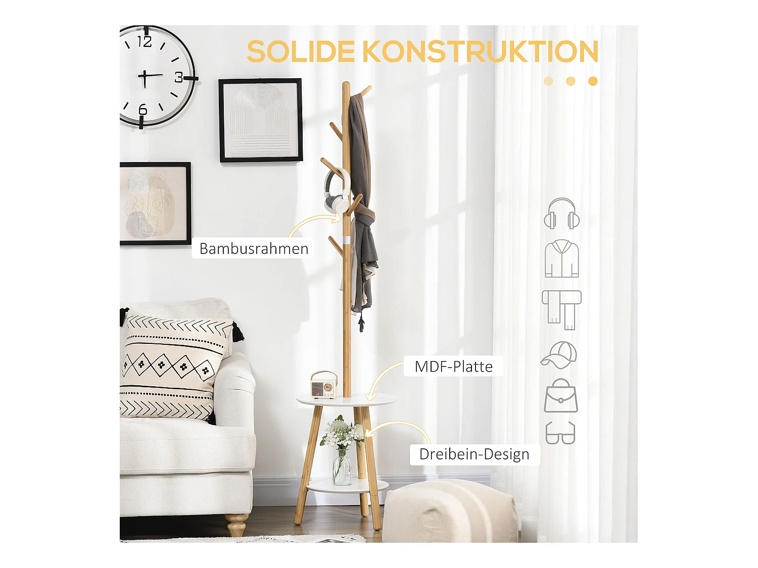 Porte-manteau avec table d'appoint, bois, blanc et naturel (39.5x39.5x171 cm)