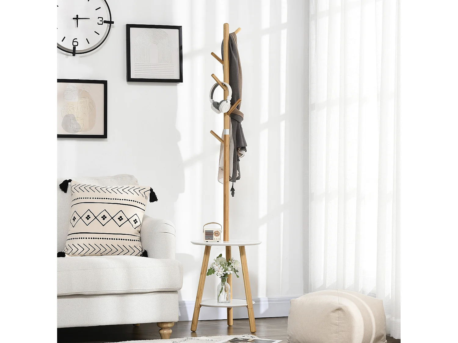 Porte-manteau avec table d'appoint, bois, blanc et naturel (39.5x39.5x171 cm)