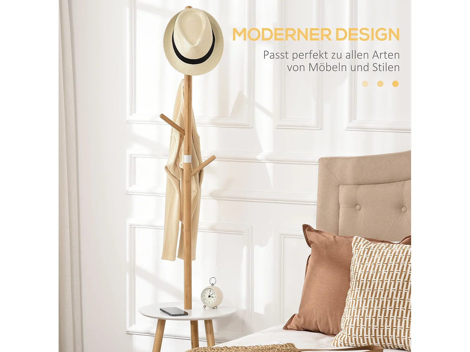 Porte-manteau avec table d'appoint, bois, blanc et naturel (39.5x39.5x171 cm)