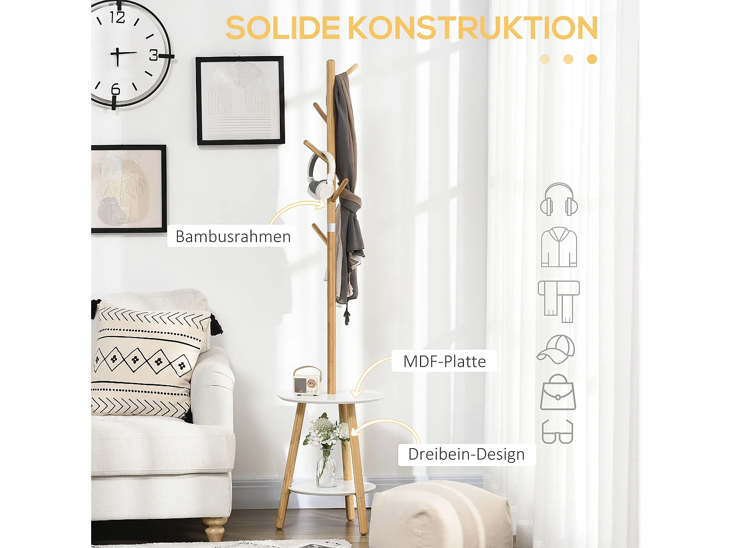 Porte-manteau avec table d'appoint, bois, blanc et naturel (39.5x39.5x171 cm)