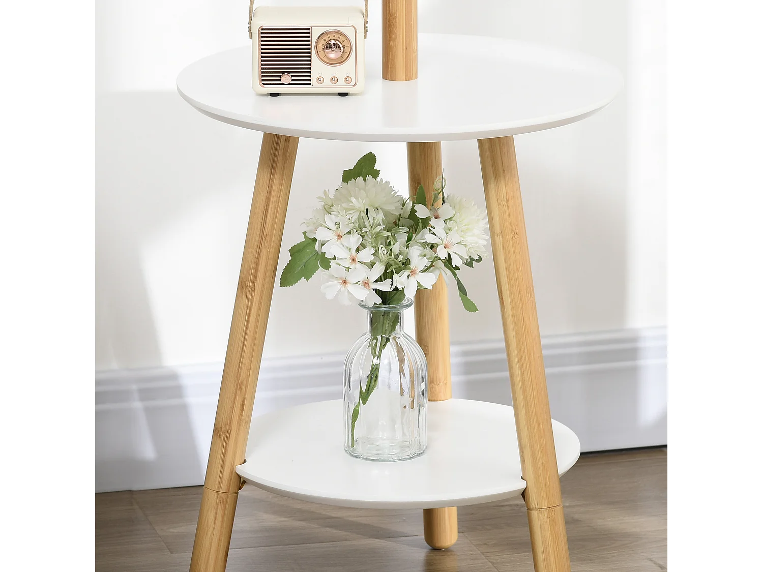 Porte-manteau avec table d'appoint, bois, blanc et naturel (39.5x39.5x171 cm)