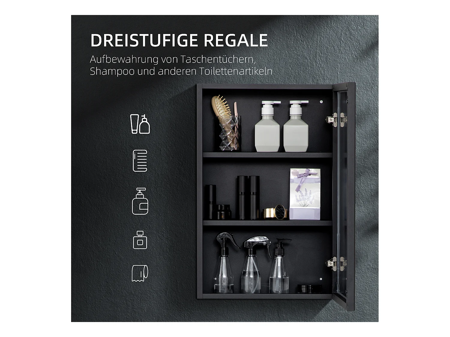 Meuble de salle de bain avec miroir, 3 étagères, acier inoxydable, noir (40x12x60 cm)