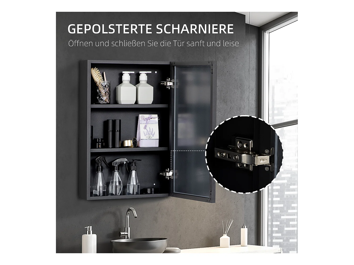 Meuble de salle de bain avec miroir, 3 étagères, acier inoxydable, noir (40x12x60 cm)