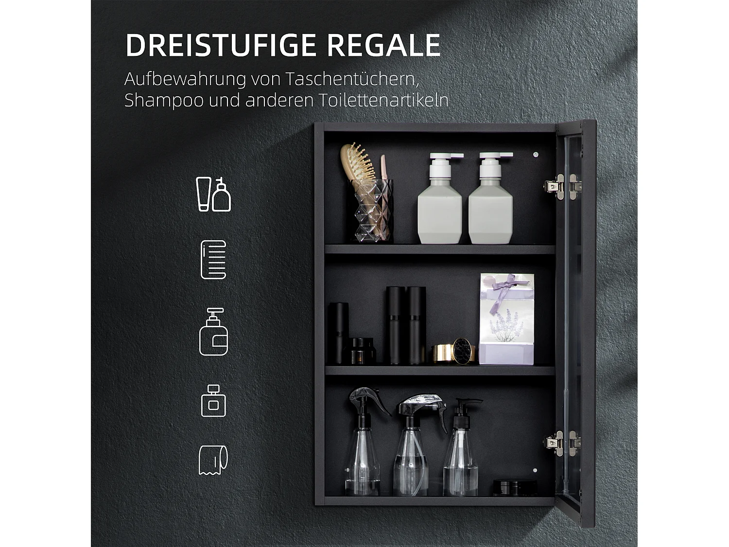 Meuble de salle de bain avec miroir, 3 étagères, acier inoxydable, noir (40x12x60 cm)