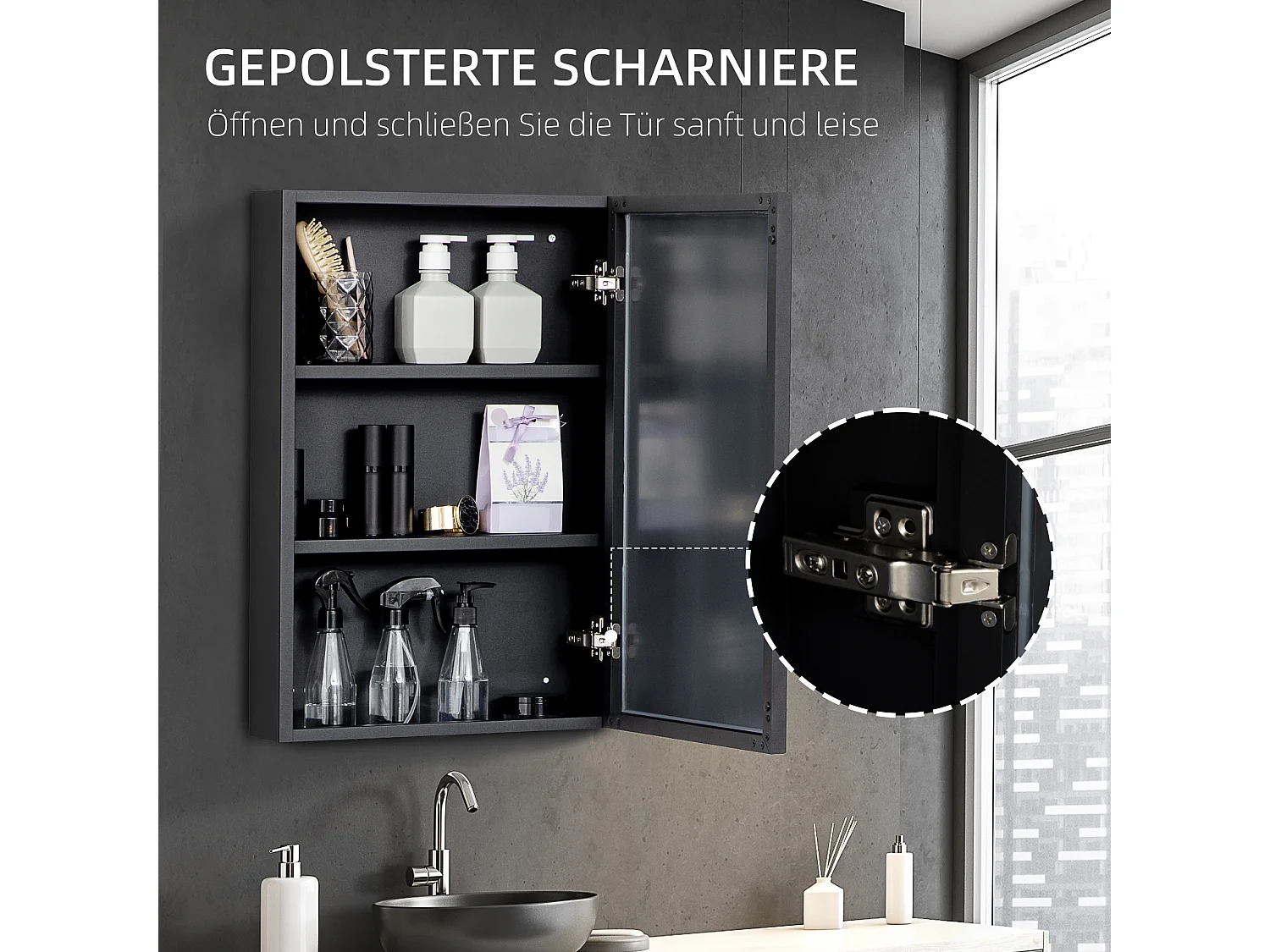 Meuble de salle de bain avec miroir, 3 étagères, acier inoxydable, noir (40x12x60 cm)