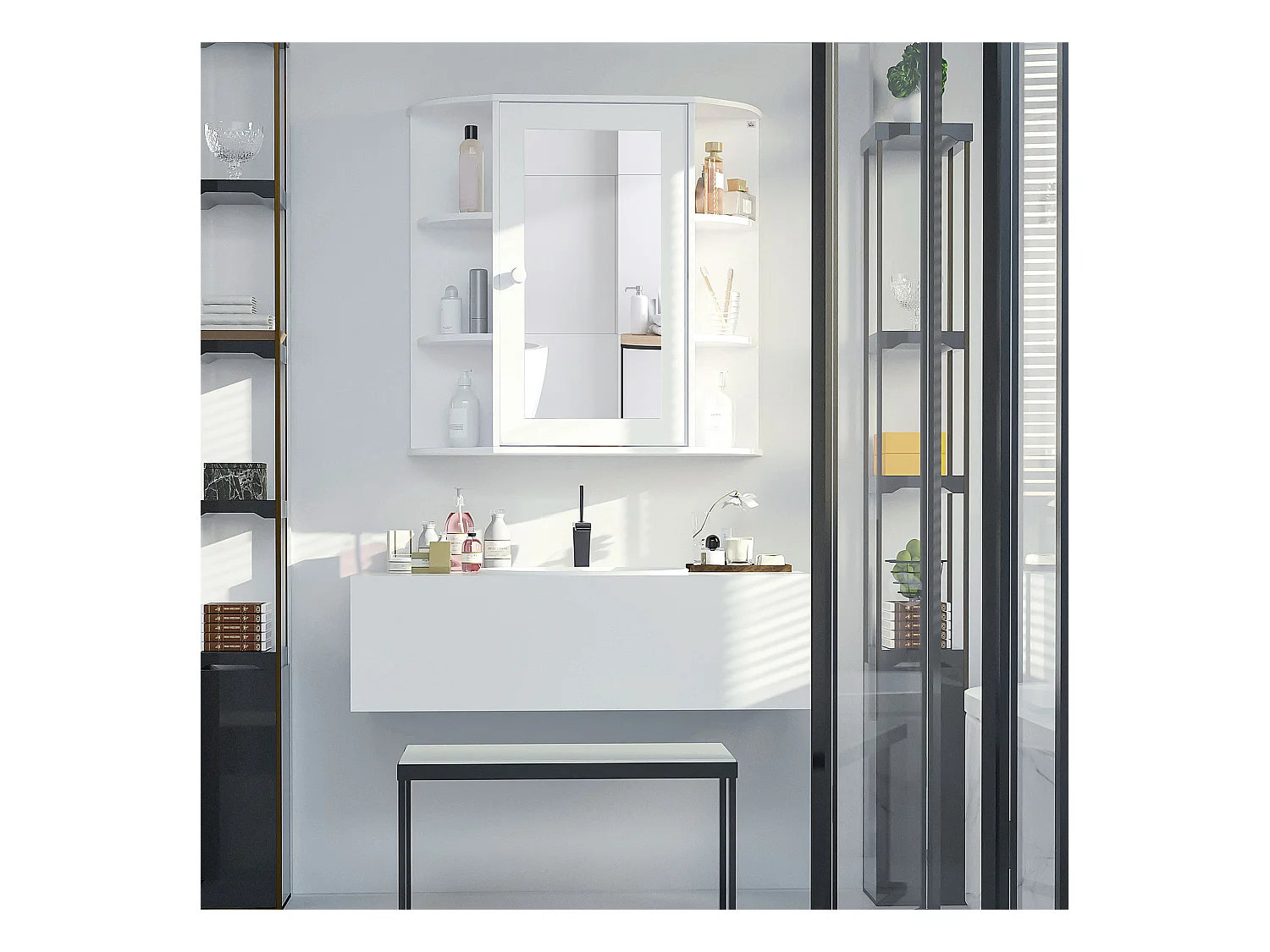 Armoire murale avec miroir, 8 compartiments, MDF, blanc, design épuré (66x17x63cm)