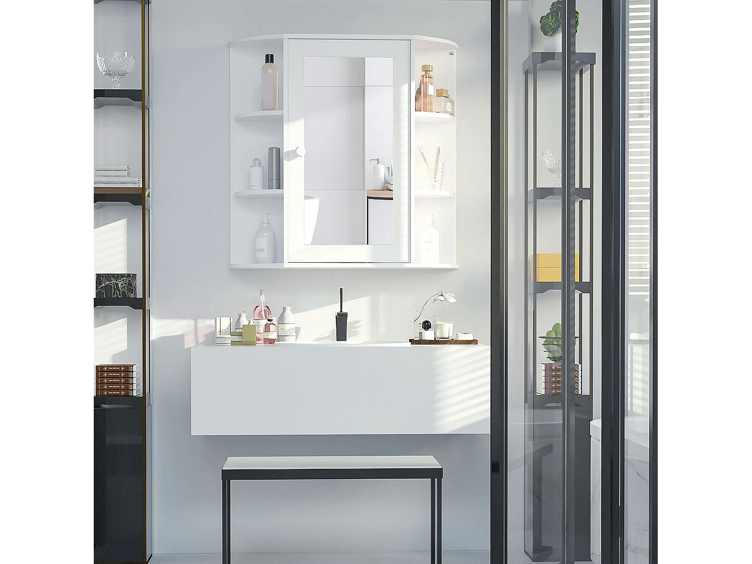 Armoire murale avec miroir, 8 compartiments, MDF, blanc, design épuré (66x17x63cm)