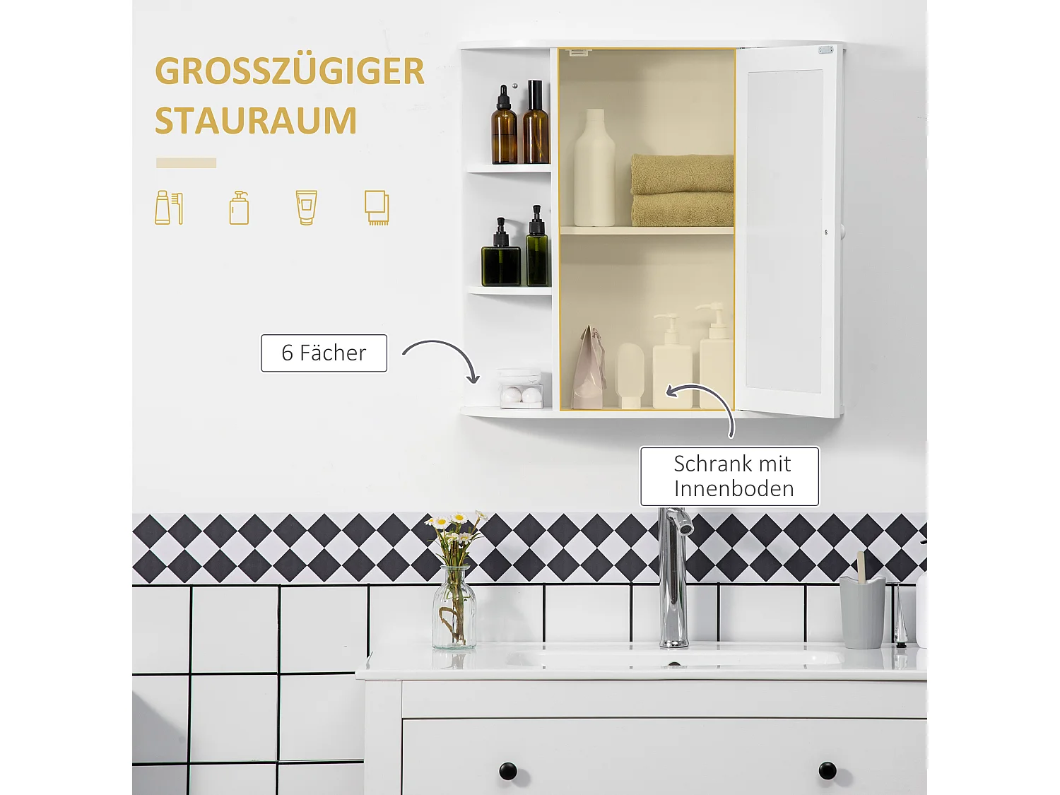 Armoire murale avec miroir, 8 compartiments, MDF, blanc, design épuré (66x17x63cm)