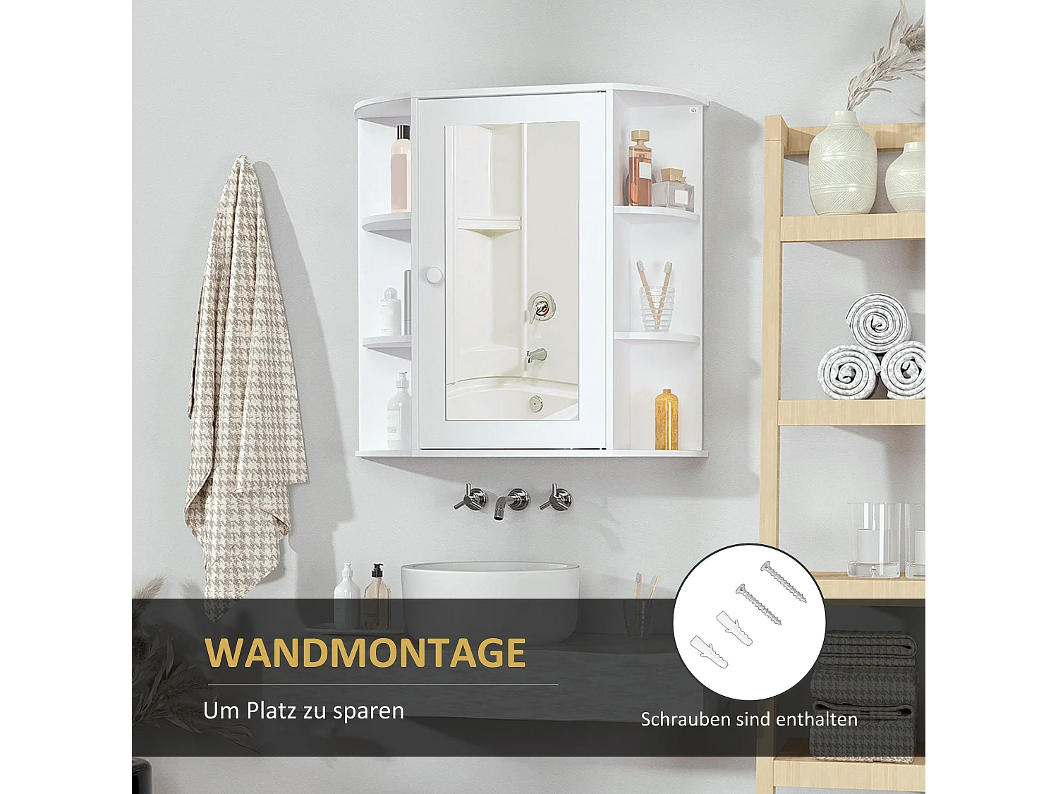 Armoire murale avec miroir, 8 compartiments, MDF, blanc, design épuré (66x17x63cm)