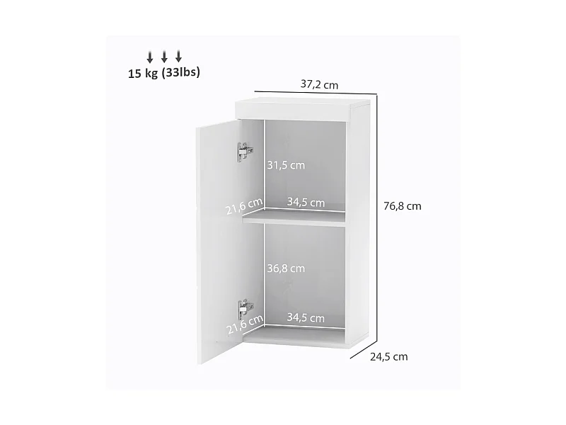 Armoire murale, avec porte, 2 étagères, meuble de rangement, bois, blanc (37.2x24.5x76.8 cm)